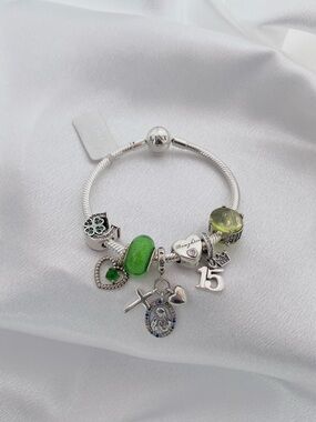 Linx Snake Chain Bracelet with Green Religious Quinceanera Themed Charms